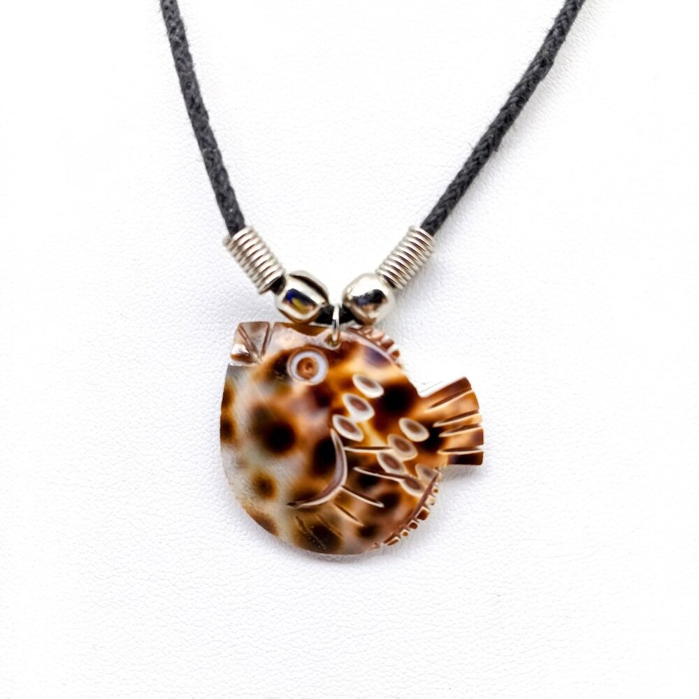 Fish-Shaped Shell Pendant Necklace With Black Cord & Adjustable Clasp